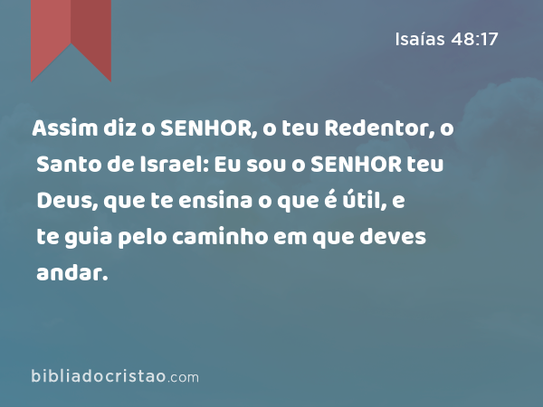 Assim diz o SENHOR, o teu Redentor, o Santo de Israel: Eu sou o SENHOR teu Deus, que te ensina o que é útil, e te guia pelo caminho em que deves andar. - Isaías 48:17