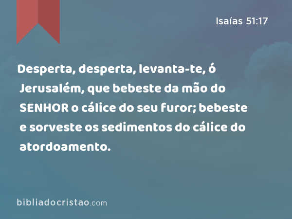 Desperta, desperta, levanta-te, ó Jerusalém, que bebeste da mão do SENHOR o cálice do seu furor; bebeste e sorveste os sedimentos do cálice do atordoamento. - Isaías 51:17