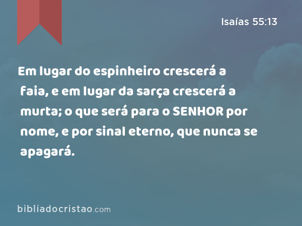 Em lugar do espinheiro crescerá a faia, e em lugar da sarça crescerá a murta; o que será para o SENHOR por nome, e por sinal eterno, que nunca se apagará. - Isaías 55:13