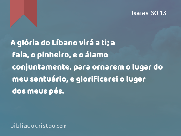 A glória do Líbano virá a ti; a faia, o pinheiro, e o álamo conjuntamente, para ornarem o lugar do meu santuário, e glorificarei o lugar dos meus pés. - Isaías 60:13