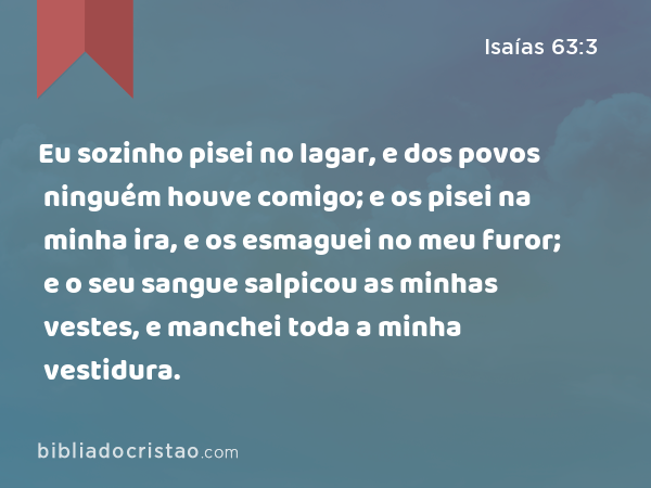 Eu sozinho pisei no lagar, e dos povos ninguém houve comigo; e os pisei na minha ira, e os esmaguei no meu furor; e o seu sangue salpicou as minhas vestes, e manchei toda a minha vestidura. - Isaías 63:3