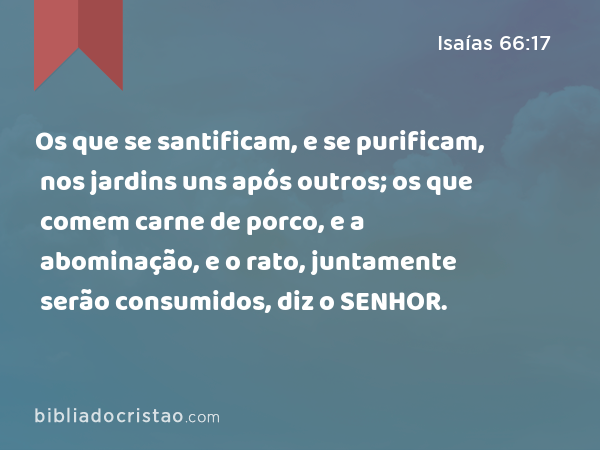 Os que se santificam, e se purificam, nos jardins uns após outros; os que comem carne de porco, e a abominação, e o rato, juntamente serão consumidos, diz o SENHOR. - Isaías 66:17