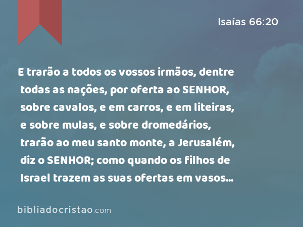 E trarão a todos os vossos irmãos, dentre todas as nações, por oferta ao SENHOR, sobre cavalos, e em carros, e em liteiras, e sobre mulas, e sobre dromedários, trarão ao meu santo monte, a Jerusalém, diz o SENHOR; como quando os filhos de Israel trazem as suas ofertas em vasos limpos à casa do SENHOR. - Isaías 66:20