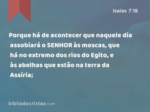 Porque há de acontecer que naquele dia assobiará o SENHOR às moscas, que há no extremo dos rios do Egito, e às abelhas que estão na terra da Assíria; - Isaías 7:18