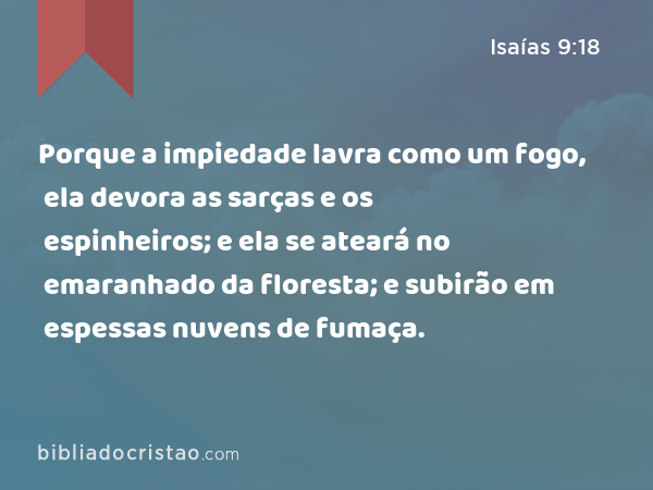 Porque a impiedade lavra como um fogo, ela devora as sarças e os espinheiros; e ela se ateará no emaranhado da floresta; e subirão em espessas nuvens de fumaça. - Isaías 9:18