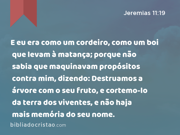 E eu era como um cordeiro, como um boi que levam à matança; porque não sabia que maquinavam propósitos contra mim, dizendo: Destruamos a árvore com o seu fruto, e cortemo-lo da terra dos viventes, e não haja mais memória do seu nome. - Jeremias 11:19