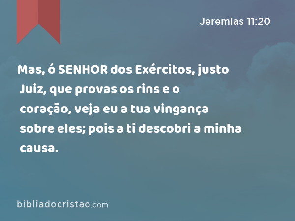 Mas, ó SENHOR dos Exércitos, justo Juiz, que provas os rins e o coração, veja eu a tua vingança sobre eles; pois a ti descobri a minha causa. - Jeremias 11:20