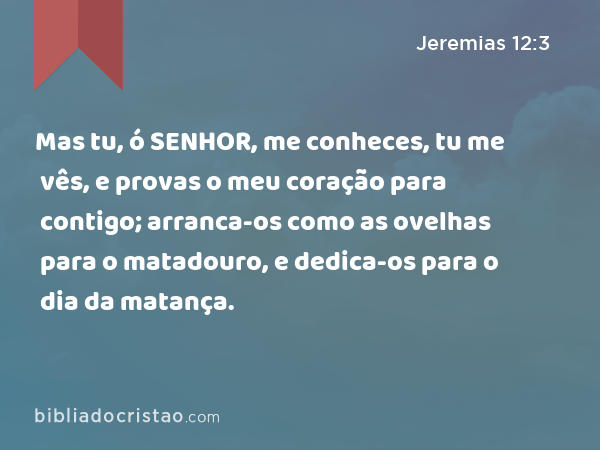 Mas tu, ó SENHOR, me conheces, tu me vês, e provas o meu coração para contigo; arranca-os como as ovelhas para o matadouro, e dedica-os para o dia da matança. - Jeremias 12:3