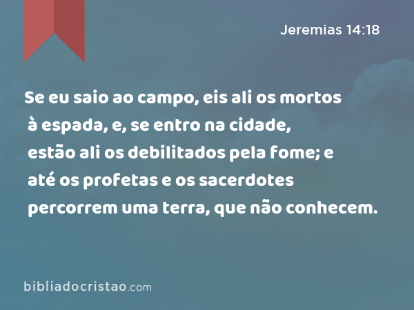 Se eu saio ao campo, eis ali os mortos à espada, e, se entro na cidade, estão ali os debilitados pela fome; e até os profetas e os sacerdotes percorrem uma terra, que não conhecem. - Jeremias 14:18