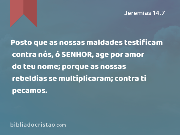 Posto que as nossas maldades testificam contra nós, ó SENHOR, age por amor do teu nome; porque as nossas rebeldias se multiplicaram; contra ti pecamos. - Jeremias 14:7