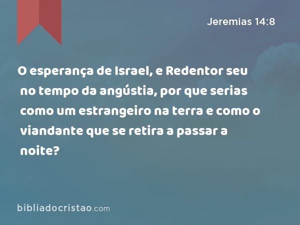 O esperança de Israel, e Redentor seu no tempo da angústia, por que serias como um estrangeiro na terra e como o viandante que se retira a passar a noite? - Jeremias 14:8