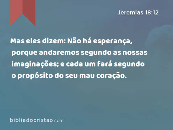 Mas eles dizem: Não há esperança, porque andaremos segundo as nossas imaginações; e cada um fará segundo o propósito do seu mau coração. - Jeremias 18:12