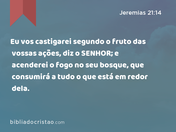 Eu vos castigarei segundo o fruto das vossas ações, diz o SENHOR; e acenderei o fogo no seu bosque, que consumirá a tudo o que está em redor dela. - Jeremias 21:14