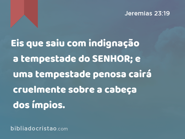 Eis que saiu com indignação a tempestade do SENHOR; e uma tempestade penosa cairá cruelmente sobre a cabeça dos ímpios. - Jeremias 23:19