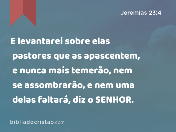 E levantarei sobre elas pastores que as apascentem, e nunca mais temerão, nem se assombrarão, e nem uma delas faltará, diz o SENHOR. - Jeremias 23:4