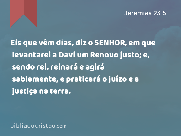 Eis que vêm dias, diz o SENHOR, em que levantarei a Davi um Renovo justo; e, sendo rei, reinará e agirá sabiamente, e praticará o juízo e a justiça na terra. - Jeremias 23:5