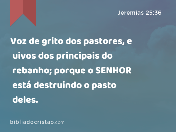 Voz de grito dos pastores, e uivos dos principais do rebanho; porque o SENHOR está destruindo o pasto deles. - Jeremias 25:36