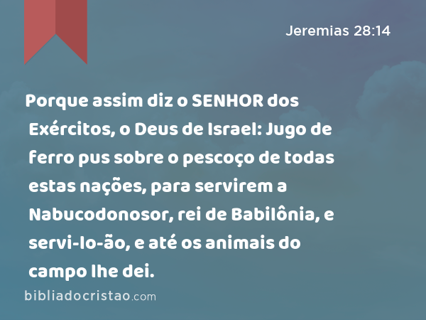 Porque assim diz o SENHOR dos Exércitos, o Deus de Israel: Jugo de ferro pus sobre o pescoço de todas estas nações, para servirem a Nabucodonosor, rei de Babilônia, e servi-lo-ão, e até os animais do campo lhe dei. - Jeremias 28:14