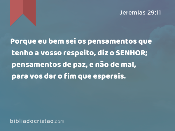 Porque eu bem sei os pensamentos que tenho a vosso respeito, diz o SENHOR; pensamentos de paz, e não de mal, para vos dar o fim que esperais. - Jeremias 29:11