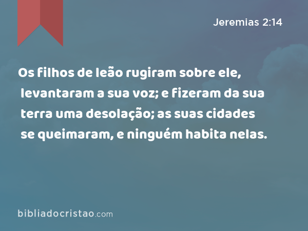 Os filhos de leão rugiram sobre ele, levantaram a sua voz; e fizeram da sua terra uma desolação; as suas cidades se queimaram, e ninguém habita nelas. - Jeremias 2:14