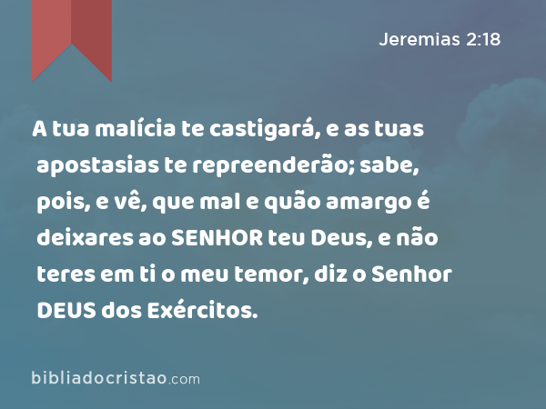 A tua malícia te castigará, e as tuas apostasias te repreenderão; sabe, pois, e vê, que mal e quão amargo é deixares ao SENHOR teu Deus, e não teres em ti o meu temor, diz o Senhor DEUS dos Exércitos. - Jeremias 2:18