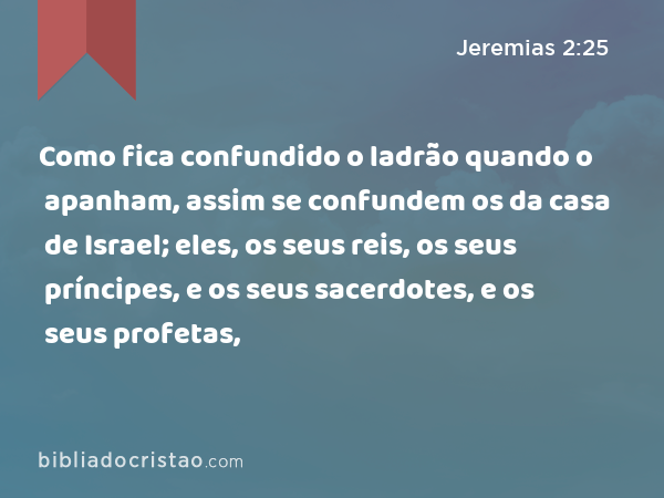 Como fica confundido o ladrão quando o apanham, assim se confundem os da casa de Israel; eles, os seus reis, os seus príncipes, e os seus sacerdotes, e os seus profetas, - Jeremias 2:25