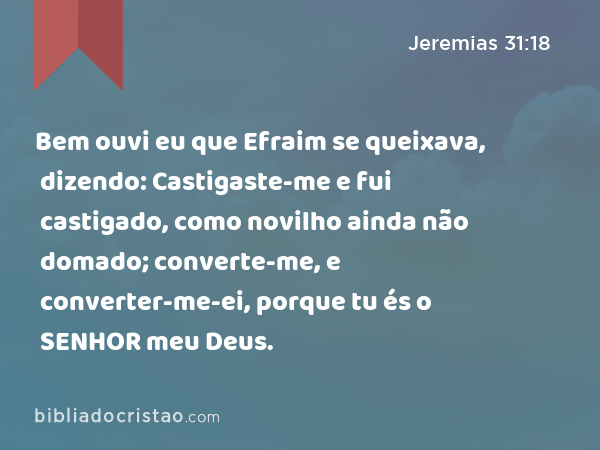 Bem ouvi eu que Efraim se queixava, dizendo: Castigaste-me e fui castigado, como novilho ainda não domado; converte-me, e converter-me-ei, porque tu és o SENHOR meu Deus. - Jeremias 31:18