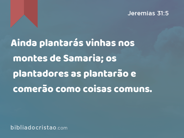 Ainda plantarás vinhas nos montes de Samaria; os plantadores as plantarão e comerão como coisas comuns. - Jeremias 31:5