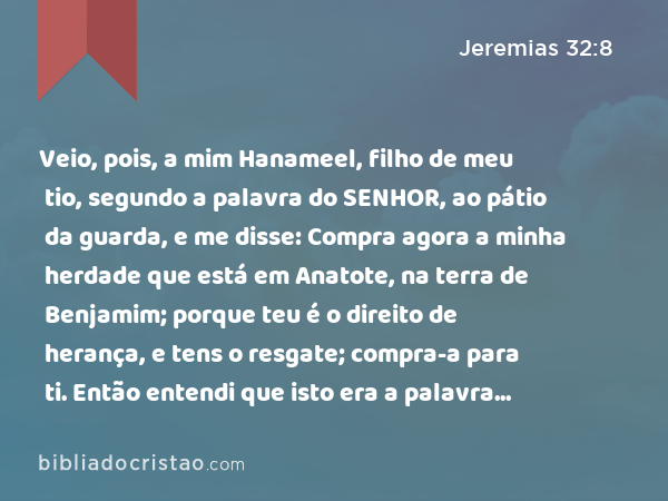 Veio, pois, a mim Hanameel, filho de meu tio, segundo a palavra do SENHOR, ao pátio da guarda, e me disse: Compra agora a minha herdade que está em Anatote, na terra de Benjamim; porque teu é o direito de herança, e tens o resgate; compra-a para ti. Então entendi que isto era a palavra do SENHOR. - Jeremias 32:8