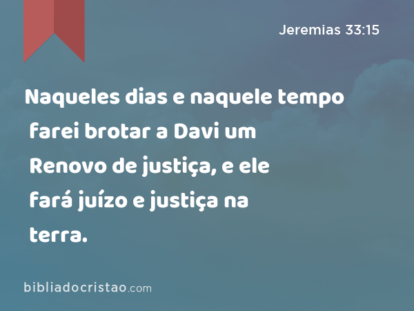 Naqueles dias e naquele tempo farei brotar a Davi um Renovo de justiça, e ele fará juízo e justiça na terra. - Jeremias 33:15