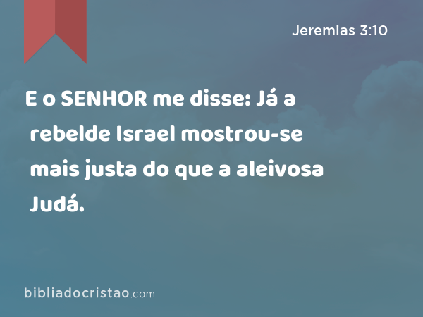 E o SENHOR me disse: Já a rebelde Israel mostrou-se mais justa do que a aleivosa Judá. - Jeremias 3:10