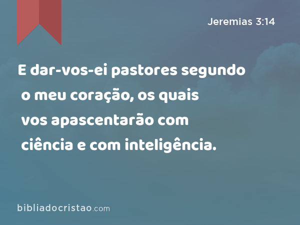 E dar-vos-ei pastores segundo o meu coração, os quais vos apascentarão com ciência e com inteligência. - Jeremias 3:14