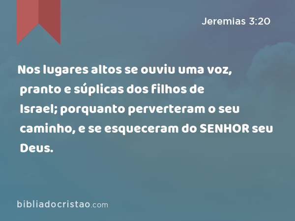 Nos lugares altos se ouviu uma voz, pranto e súplicas dos filhos de Israel; porquanto perverteram o seu caminho, e se esqueceram do SENHOR seu Deus. - Jeremias 3:20