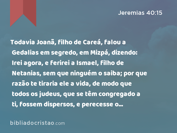 Todavia Joanã, filho de Careá, falou a Gedalias em segredo, em Mizpá, dizendo: Irei agora, e ferirei a Ismael, filho de Netanias, sem que ninguém o saiba; por que razão te tiraria ele a vida, de modo que todos os judeus, que se têm congregado a ti, fossem dispersos, e perecesse o restante de Judá? - Jeremias 40:15