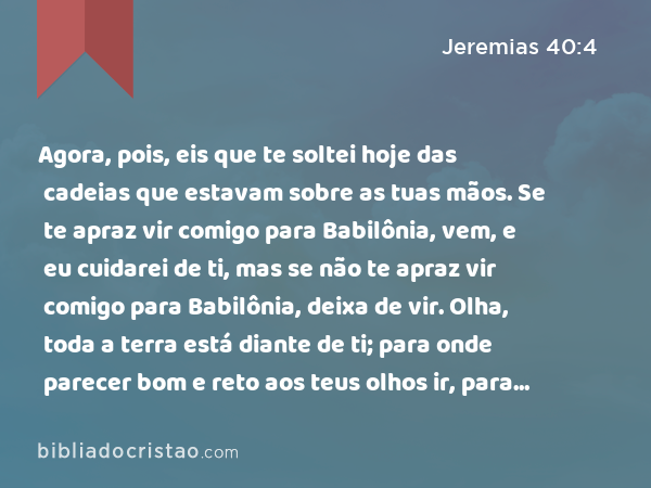 Agora, pois, eis que te soltei hoje das cadeias que estavam sobre as tuas mãos. Se te apraz vir comigo para Babilônia, vem, e eu cuidarei de ti, mas se não te apraz vir comigo para Babilônia, deixa de vir. Olha, toda a terra está diante de ti; para onde parecer bom e reto aos teus olhos ir, para ali vai. - Jeremias 40:4