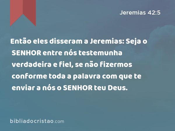 Então eles disseram a Jeremias: Seja o SENHOR entre nós testemunha verdadeira e fiel, se não fizermos conforme toda a palavra com que te enviar a nós o SENHOR teu Deus. - Jeremias 42:5