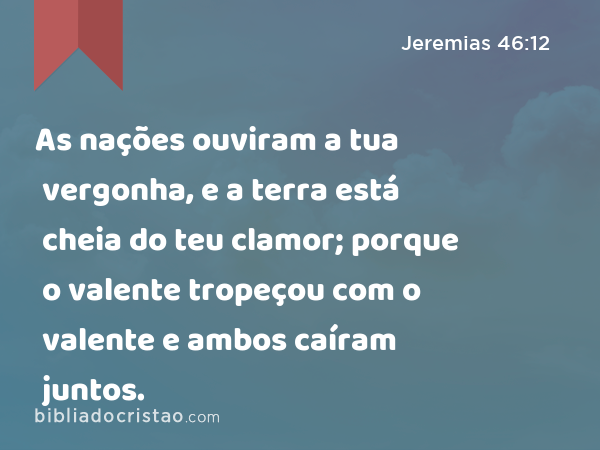 As nações ouviram a tua vergonha, e a terra está cheia do teu clamor; porque o valente tropeçou com o valente e ambos caíram juntos. - Jeremias 46:12