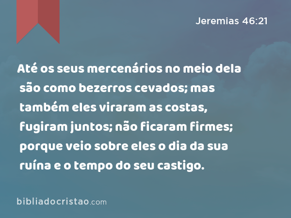 Até os seus mercenários no meio dela são como bezerros cevados; mas também eles viraram as costas, fugiram juntos; não ficaram firmes; porque veio sobre eles o dia da sua ruína e o tempo do seu castigo. - Jeremias 46:21