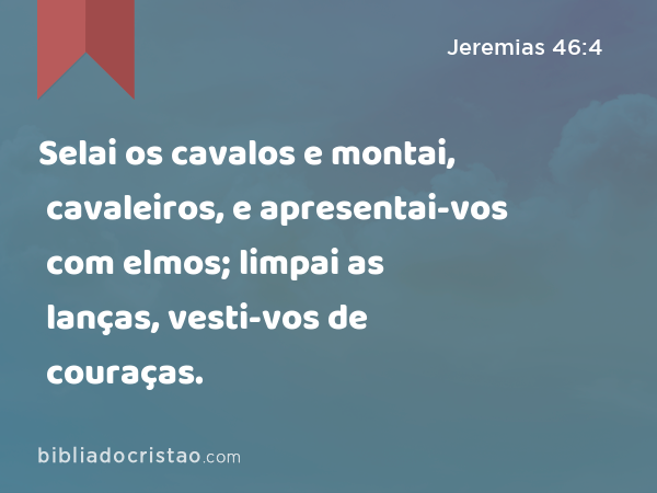 Selai os cavalos e montai, cavaleiros, e apresentai-vos com elmos; limpai as lanças, vesti-vos de couraças. - Jeremias 46:4