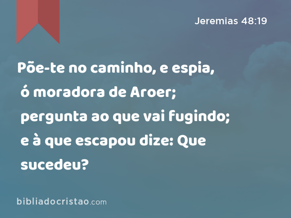 Põe-te no caminho, e espia, ó moradora de Aroer; pergunta ao que vai fugindo; e à que escapou dize: Que sucedeu? - Jeremias 48:19