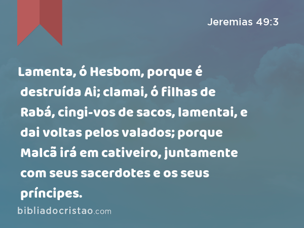 Lamenta, ó Hesbom, porque é destruída Ai; clamai, ó filhas de Rabá, cingi-vos de sacos, lamentai, e dai voltas pelos valados; porque Malcã irá em cativeiro, juntamente com seus sacerdotes e os seus príncipes. - Jeremias 49:3