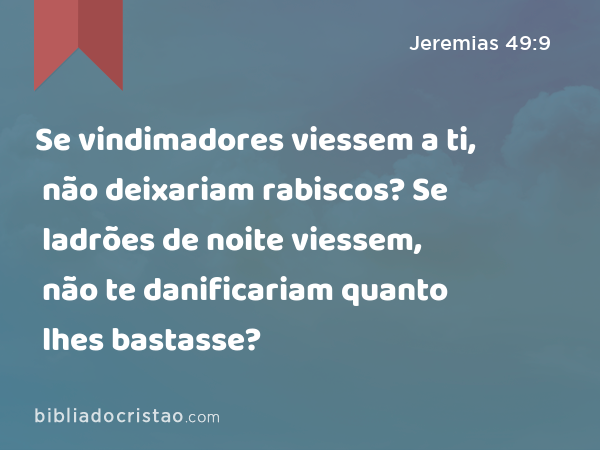 Se vindimadores viessem a ti, não deixariam rabiscos? Se ladrões de noite viessem, não te danificariam quanto lhes bastasse? - Jeremias 49:9