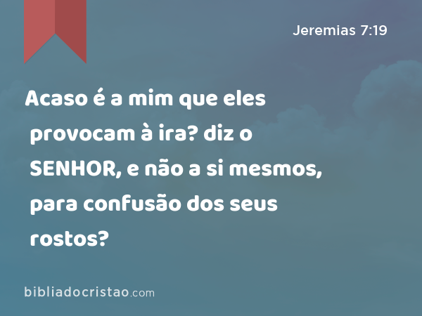 Acaso é a mim que eles provocam à ira? diz o SENHOR, e não a si mesmos, para confusão dos seus rostos? - Jeremias 7:19