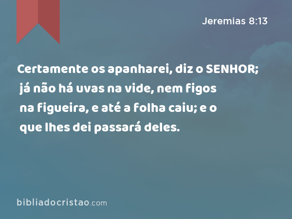 Certamente os apanharei, diz o SENHOR; já não há uvas na vide, nem figos na figueira, e até a folha caiu; e o que lhes dei passará deles. - Jeremias 8:13