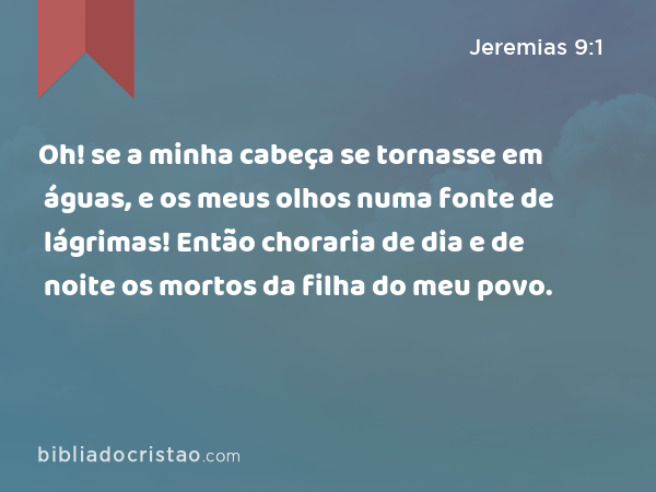 Oh! se a minha cabeça se tornasse em águas, e os meus olhos numa fonte de lágrimas! Então choraria de dia e de noite os mortos da filha do meu povo. - Jeremias 9:1