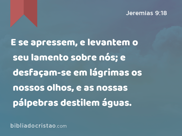 E se apressem, e levantem o seu lamento sobre nós; e desfaçam-se em lágrimas os nossos olhos, e as nossas pálpebras destilem águas. - Jeremias 9:18