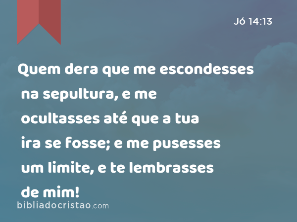 Quem dera que me escondesses na sepultura, e me ocultasses até que a tua ira se fosse; e me pusesses um limite, e te lembrasses de mim! - Jó 14:13