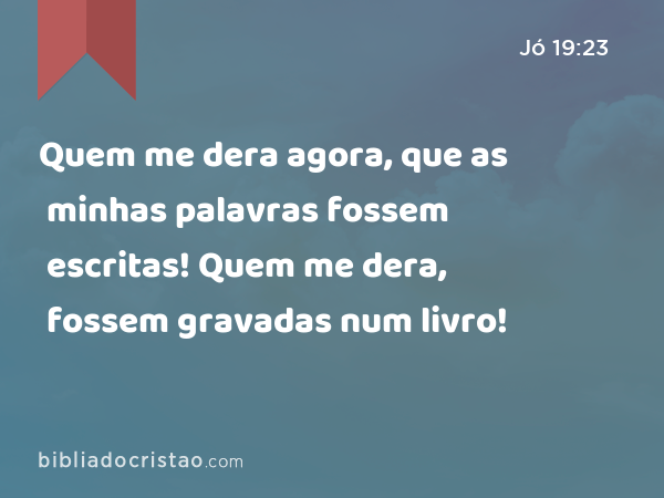 Quem me dera agora, que as minhas palavras fossem escritas! Quem me dera, fossem gravadas num livro! - Jó 19:23