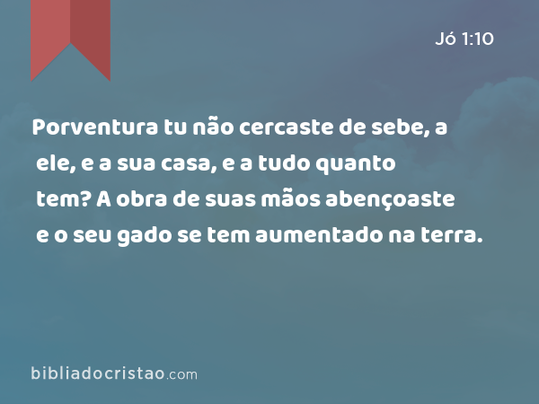 Porventura tu não cercaste de sebe, a ele, e a sua casa, e a tudo quanto tem? A obra de suas mãos abençoaste e o seu gado se tem aumentado na terra. - Jó 1:10