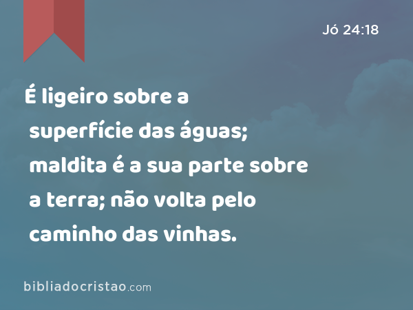 É ligeiro sobre a superfície das águas; maldita é a sua parte sobre a terra; não volta pelo caminho das vinhas. - Jó 24:18